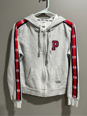 Victoria’s Secret PINK Gray Full Zip Hoodie Red Sleeve Tape Women’s Size SMALL S